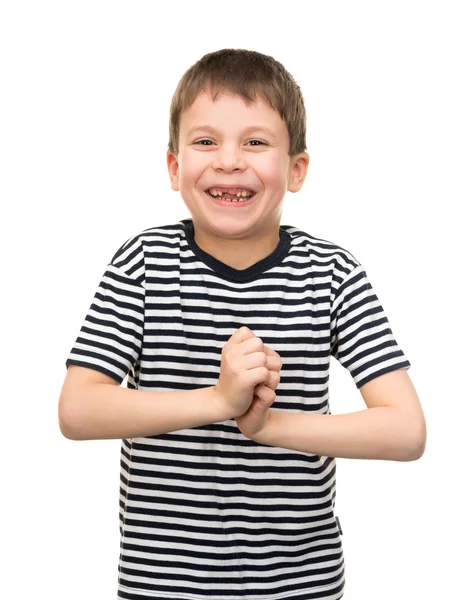 Портрет мальчика в полосатой рубашке на белом — стоковое фото