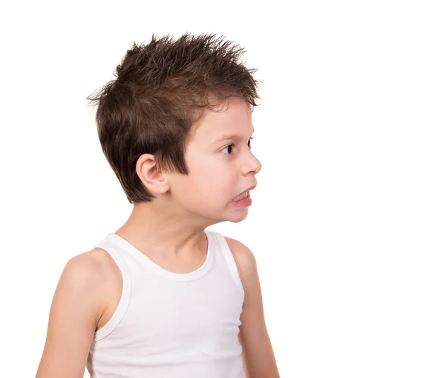Blött hår pojke med känslor på vit — Stockfoto