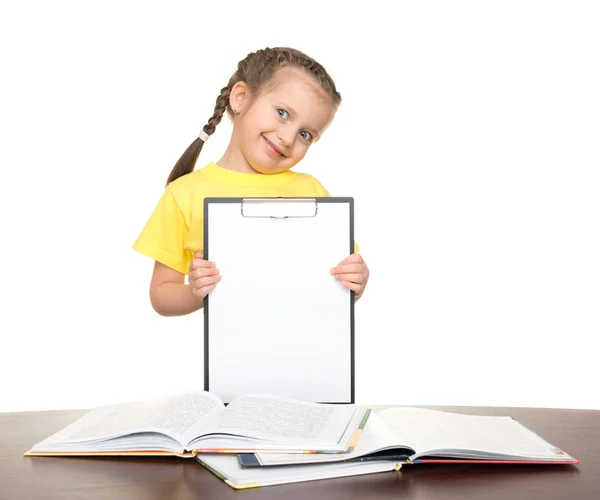 Mädchen mit Klemmbrett und Büchern — Stockfoto