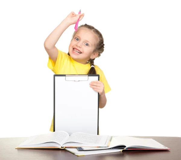 Mädchen mit Klemmbrett und Büchern — Stockfoto