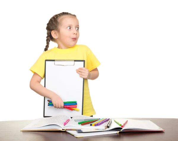 Girl with clipboard and books — Stock Photo, Image