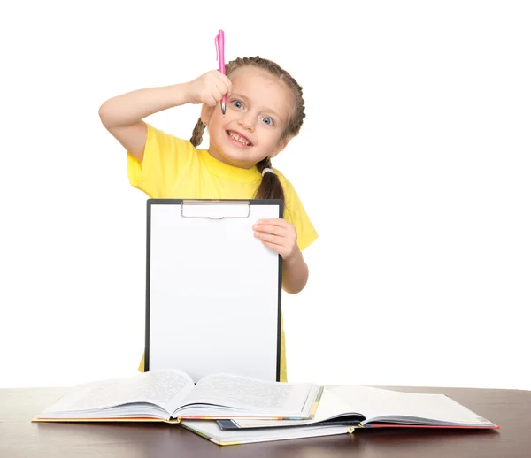Meisje met Klembord en boeken — Stockfoto