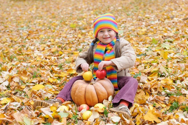 Chica en el parque de otoño con calabaza y manzanas — Foto de Stock