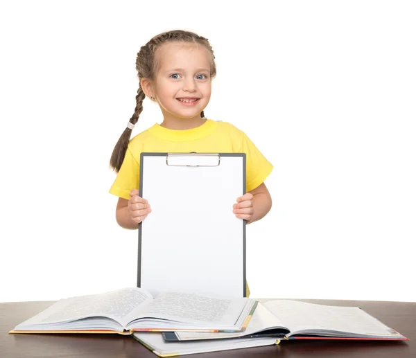 Mädchen mit Klemmbrett und Büchern — Stockfoto