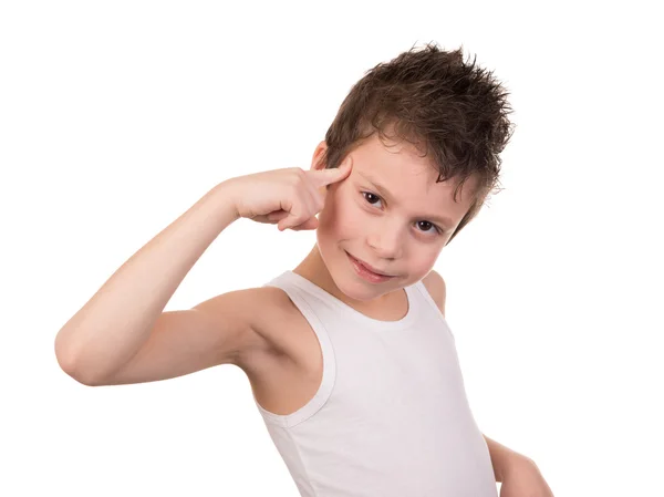 Molhado cabelo menino com emoção no branco — Fotografia de Stock