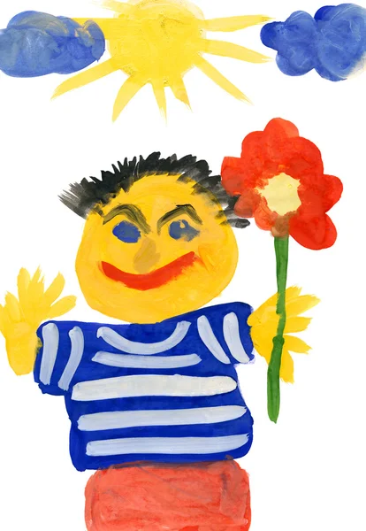 Homme avec des fleurs. dessin d'enfant — Photo