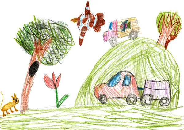 Auto na zewnątrz. rysunek dziecka — Zdjęcie stockowe