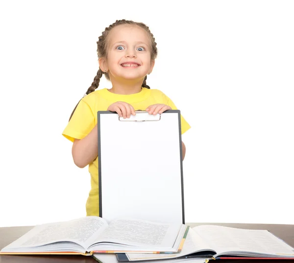 Girl with clipboard and books — Stock Photo, Image