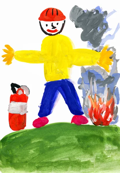 Brandweerman. kind tekenen — Stockfoto