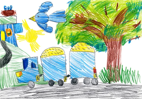 Blue truck on outdoor. child drawing — Stock Photo, Image