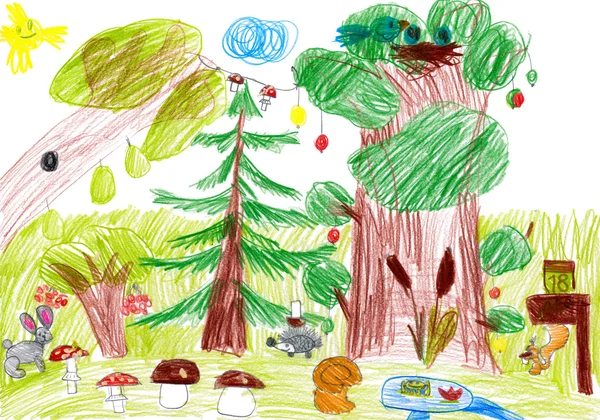 Forest and wild animals. child drawing Royalty Free Stock Images