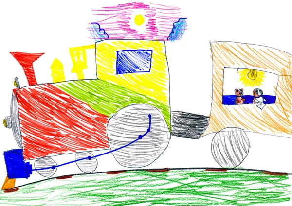 Dogs traveling by train. child drawing — Stock Photo, Image
