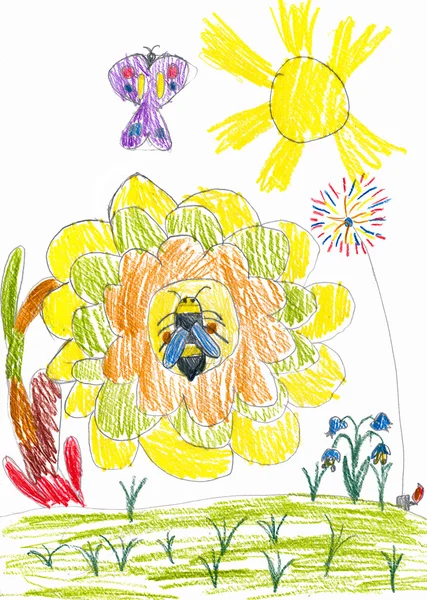 honey bee on sunflower and butterfly. child drawing