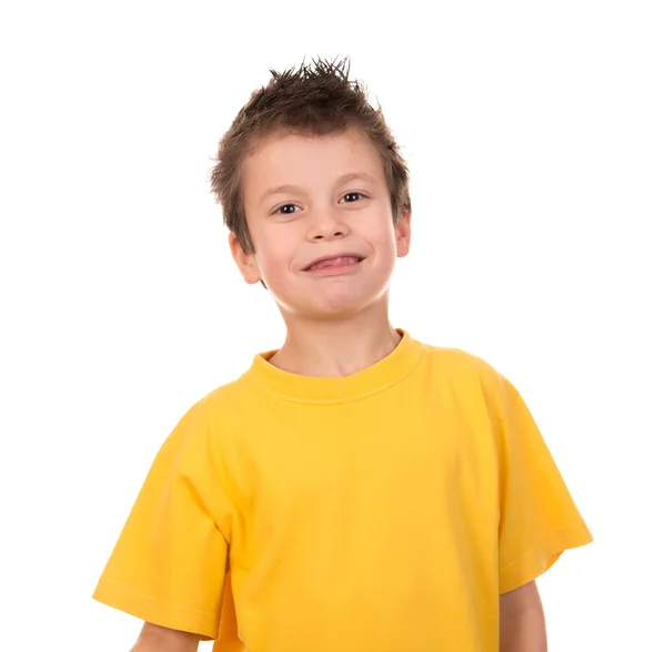 Портрет счастливого мальчика на белом — стоковое фото