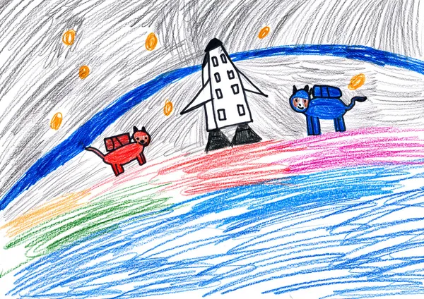Psí kosmonauti. dětské kresby. — Stock fotografie