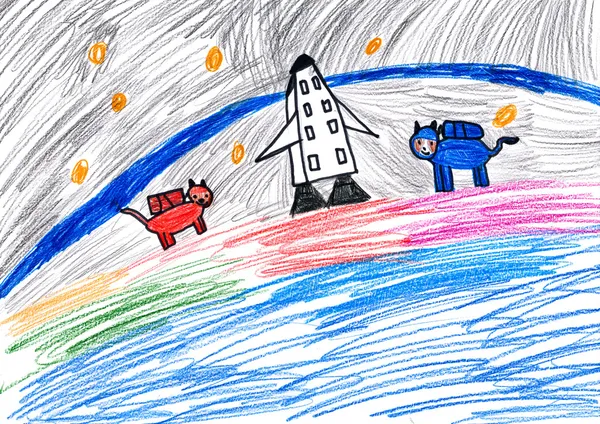 dog astronauts. child drawing.