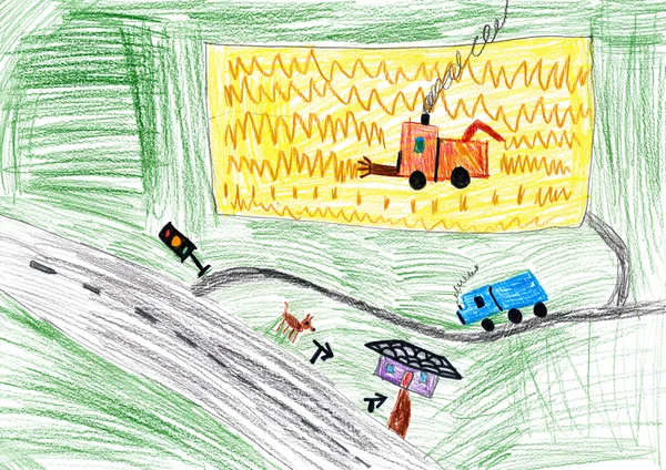 Paysage et récolte d'automne. dessin d'enfant . — Photo