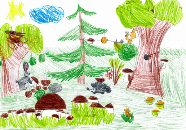 Лес и дикие животные. рисование детей — стоковое фото