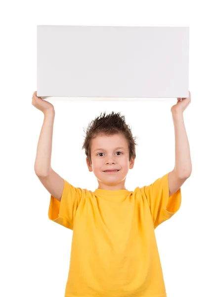 Портрет хлопчика з подарунковою коробкою на білому — стокове фото