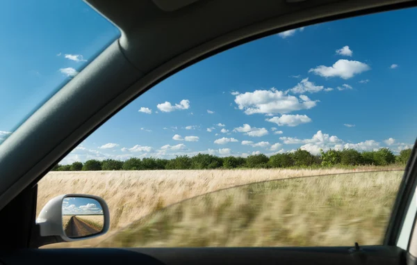 View from car window on wheat field — Stock Photo, Image