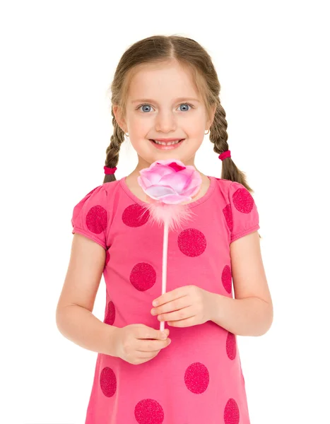 Girl in a red dress with flower. studio shot — Stock Photo, Image