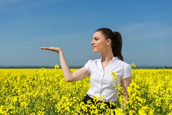Zakenvrouw in het veld bloem — Stockfoto