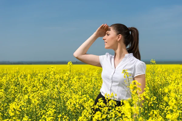 Zakenvrouw in het veld bloem — Stockfoto