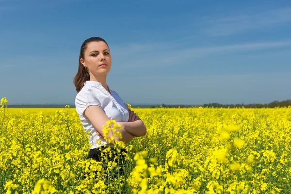 Деловая женщина на цветочном поле — стоковое фото
