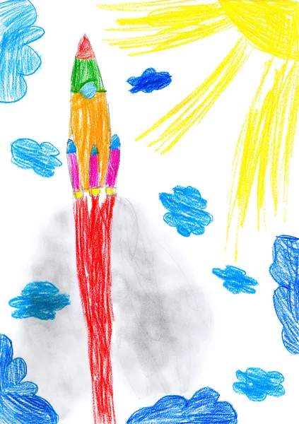 Child drawing. launch space rocket — Stock Photo, Image