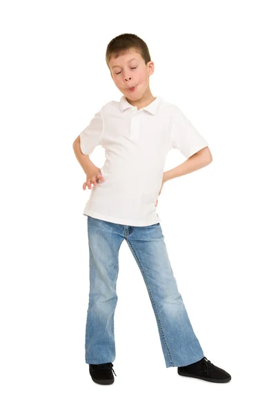 Boy grimacing on white — Stock Photo, Image