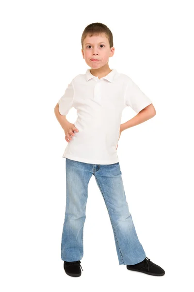 Chlapec grimasy na bílém pozadí — Stock fotografie