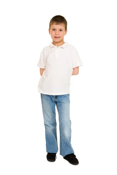 Хлопчик позує на білому — стокове фото
