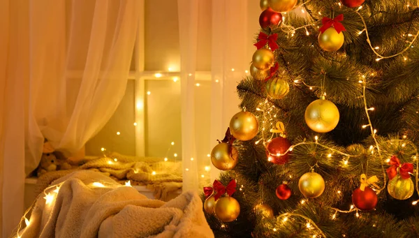Téli Nyaralás Koncepció Belső Szilveszteri Vagy Karácsonyi Dekoráció Éjszaka Szoba — Stock Fotó