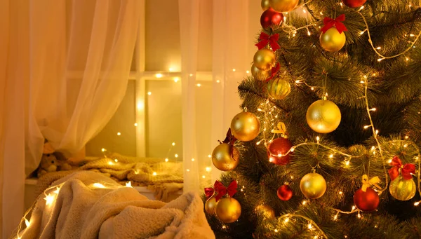 Concept Vacances Hiver Intérieur Avec Nouvelle Année Décoration Noël Nuit — Photo