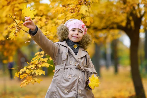 Porträt Eines Mädchens Einem Herbstlichen Park Das Kind Steht Neben — Stockfoto