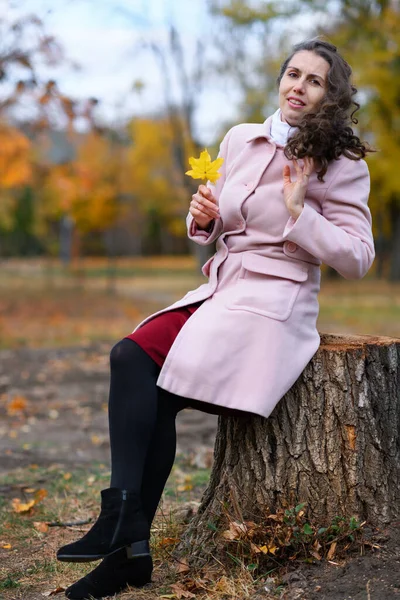 Retrato Uma Mulher Parque Outono Ela Está Sentada Num Toco — Fotografia de Stock