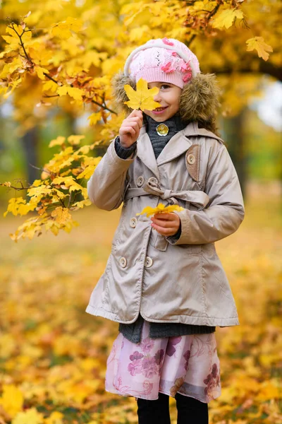 Ritratto Ragazza Parco Autunnale Bambino Piedi Vicino Bellissimo Acero Con — Foto Stock