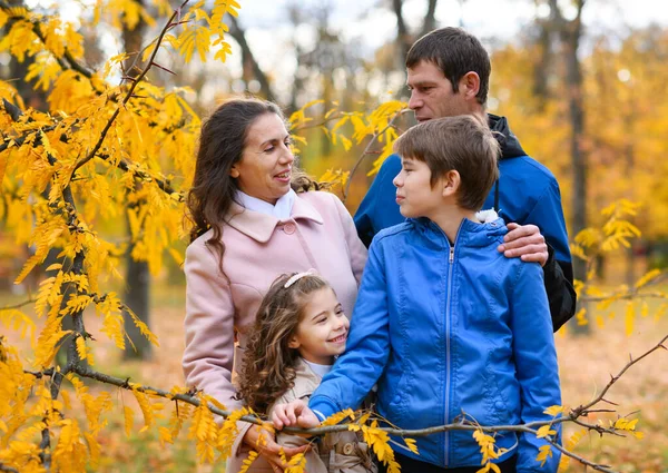 Portrait Family Autumn Park Happy People Pose Background Beautiful Yellow — Stock Photo, Image