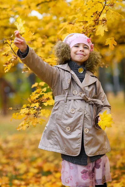 Portrait Girl Autumn Park Child Standing Beautiful Maple Tree Yellow — Stock Photo, Image