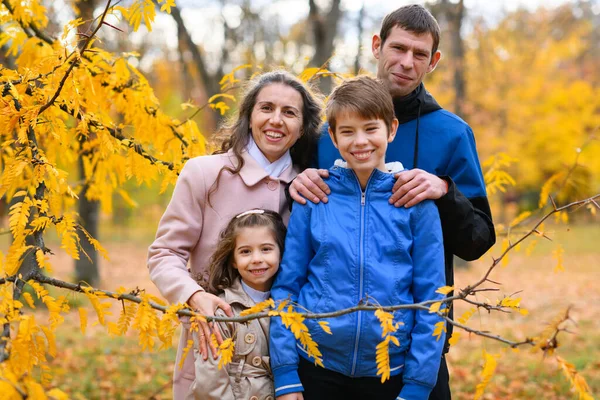 秋天公园里的一个家庭的画像 快乐的人在美丽的黄树的背景下摆姿势 他们拥抱在一起 很快乐 — 图库照片
