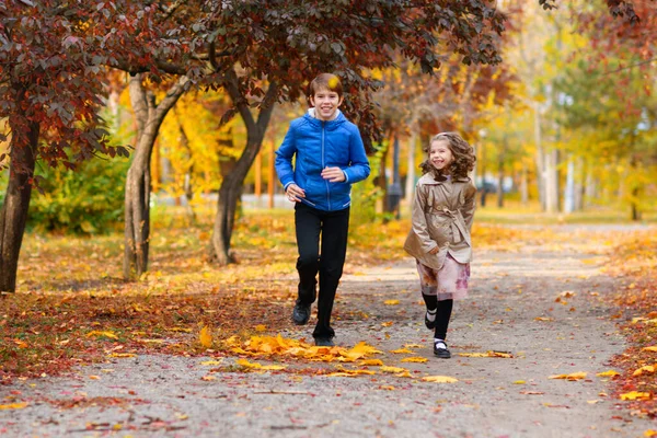 Bambini Corrono Lungo Sentiero Nel Parco Autunnale Giocano Ridono Divertono — Foto Stock