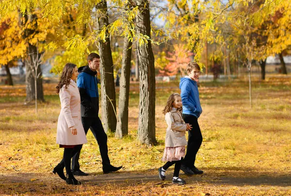 Rodzinne Spacery Jesiennym Parku Wzdłuż Ścieżki Piękna Przyroda Drzewa Żółtymi — Zdjęcie stockowe