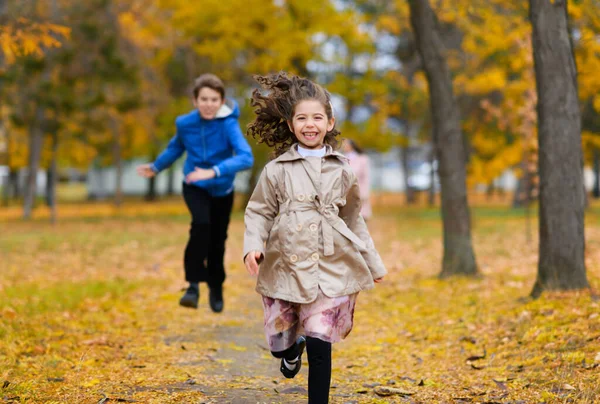 Děti Běhají Stezce Podzimním Parku Hrají Smějí Baví Krásná Příroda — Stock fotografie