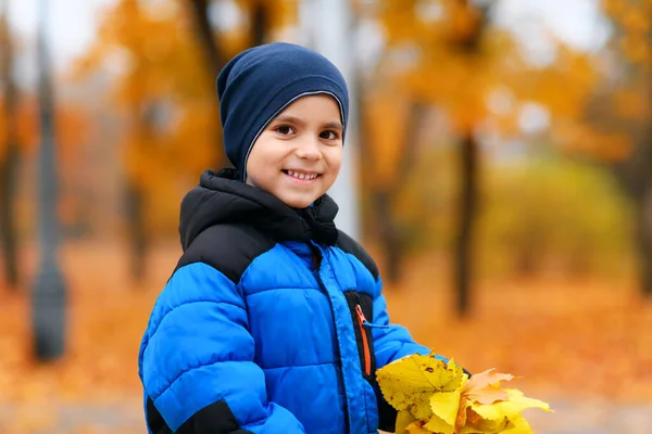 Portret Chłopca Jesiennym Parku Miejskim Piękna Natura Drzewa Żółtymi Liśćmi — Zdjęcie stockowe