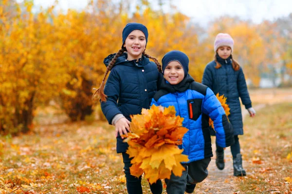 Kinderen Rennen Herfst Stadspark Prachtige Natuur Bomen Met Gele Bladeren — Stockfoto