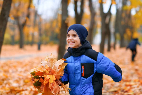 Kinder Laufen Herbstlichen Stadtpark Schöne Natur Bäume Mit Gelben Blättern — Stockfoto