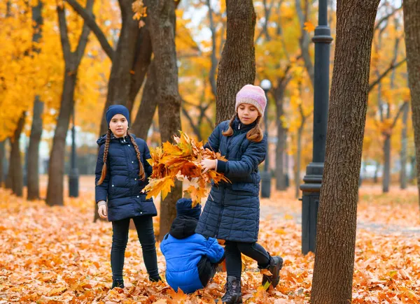 Niños Jugando Con Hojas Arce Amarillo Parque Otoño Ciudad Temporada — Foto de Stock