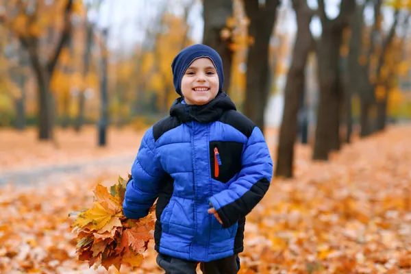 Child Boy Running Autumn City Park Beautiful Nature Trees Yellow — Stock Photo, Image