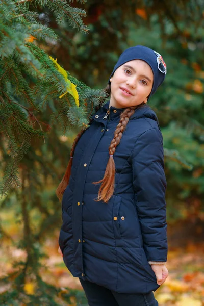 Retrato Uma Menina Parque Cidade Outono Está Abeto Bela Natureza — Fotografia de Stock