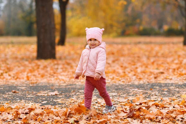 秋の都市公園を歩く子供の女の子 美しい自然 黄色の葉を持つ木 — ストック写真